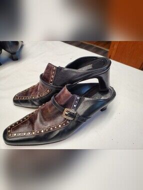 Brighton Footwear Tempe Studded Leather Mule Heels Women's 7.5N Black Brown